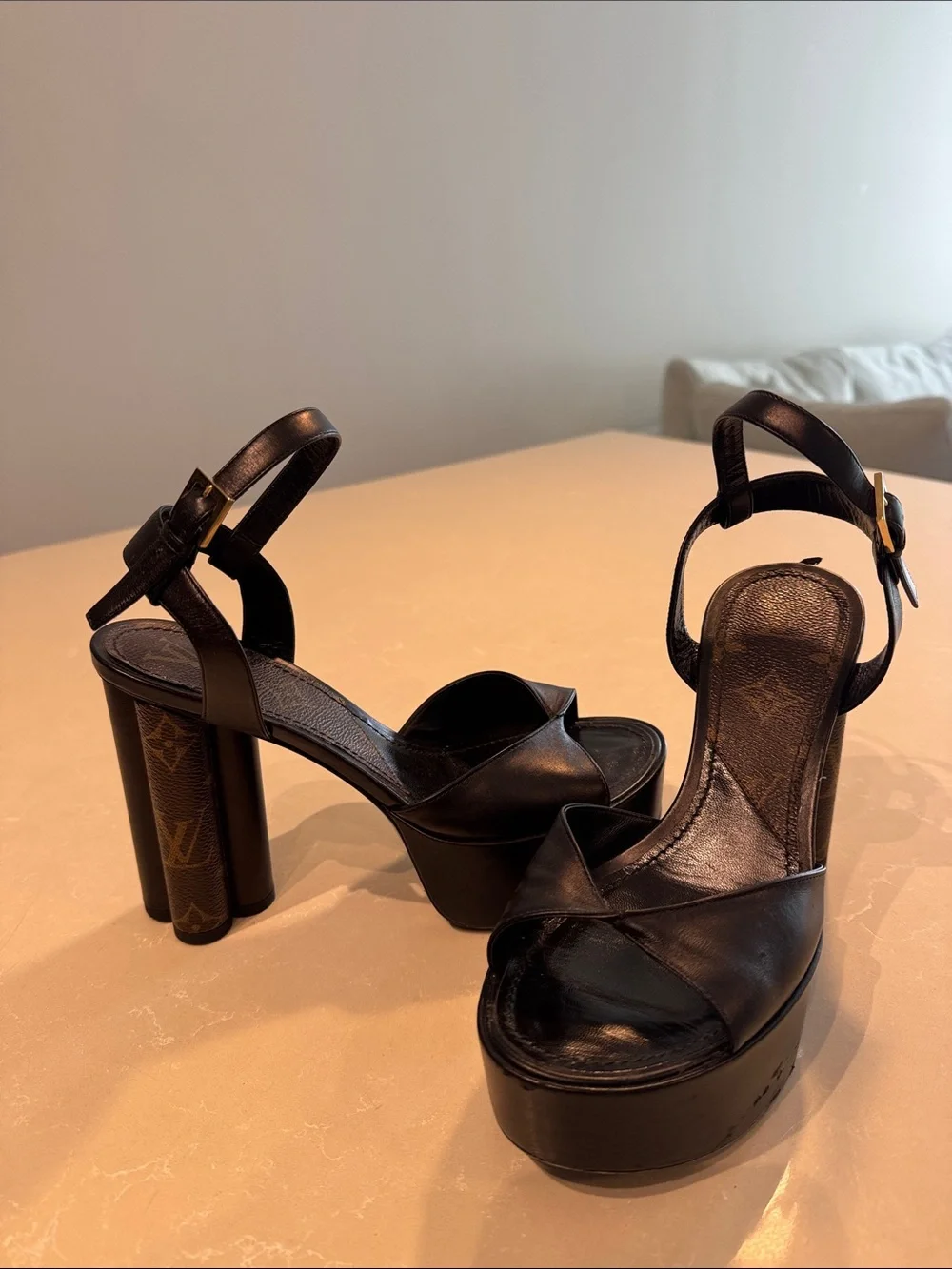 Louis Vuitton Black Monogram Platform Sandals with Ankle Strap